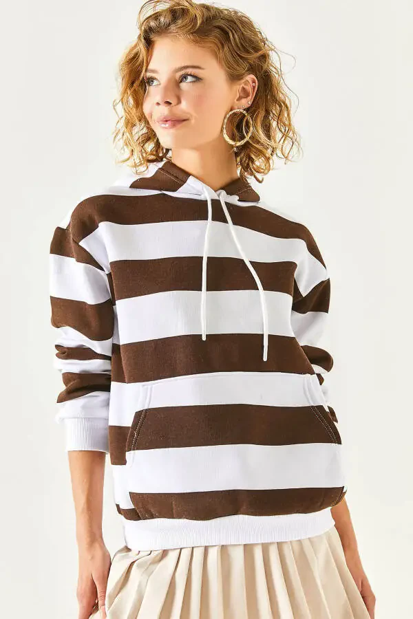 Women's Bitter Coffee Thick Striped Kangaroo Pocket Polar Fleece Sweatshirt SWT-19000615 - 1