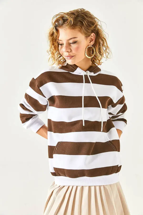 Women's Bitter Coffee Thick Striped Kangaroo Pocket Polar Fleece Sweatshirt SWT-19000615 - 4