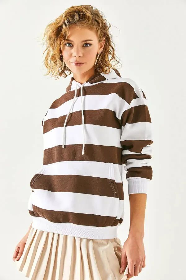 Women's Bitter Coffee Thick Striped Kangaroo Pocket Polar Fleece Sweatshirt SWT-19000615 - 5