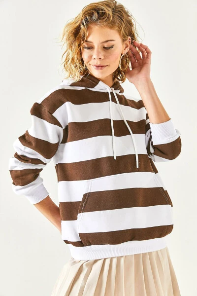 Women's Bitter Coffee Thick Striped Kangaroo Pocket Polar Fleece Sweatshirt SWT-19000615 - 6