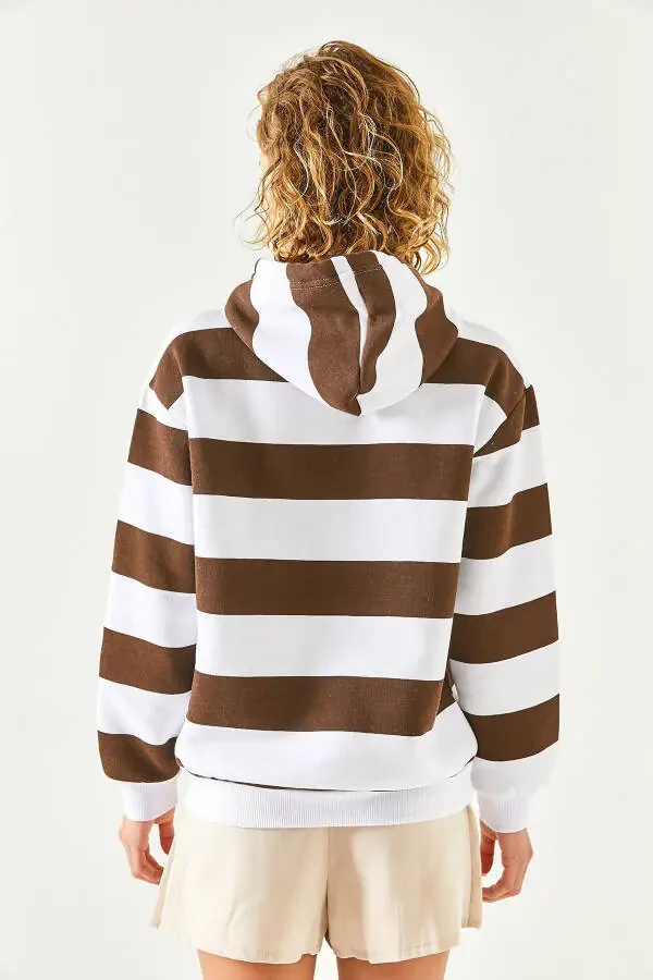 Women's Bitter Coffee Thick Striped Kangaroo Pocket Polar Fleece Sweatshirt SWT-19000615 - 7