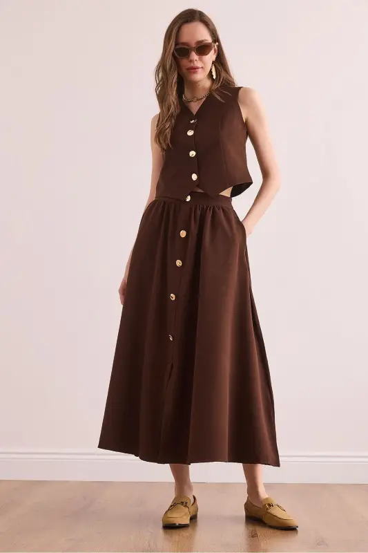 Women's Bitter Coffee Top Lined Vest Bottom Buttoned Flared - OLALOOK