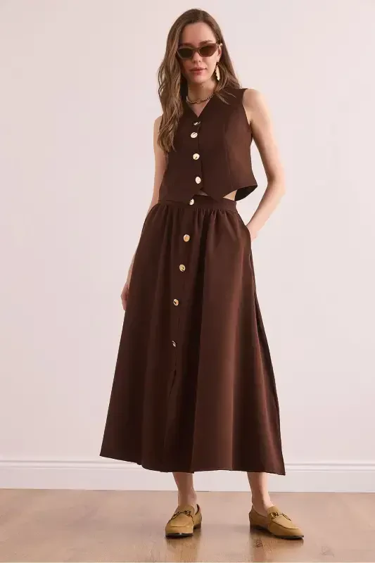 Women's Bitter Coffee Top Lined Vest Bottom Buttoned Flared - 1