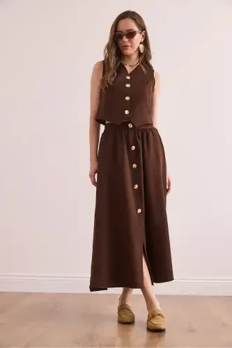 Women's Bitter Coffee Top Lined Vest Bottom Buttoned Flared - 3