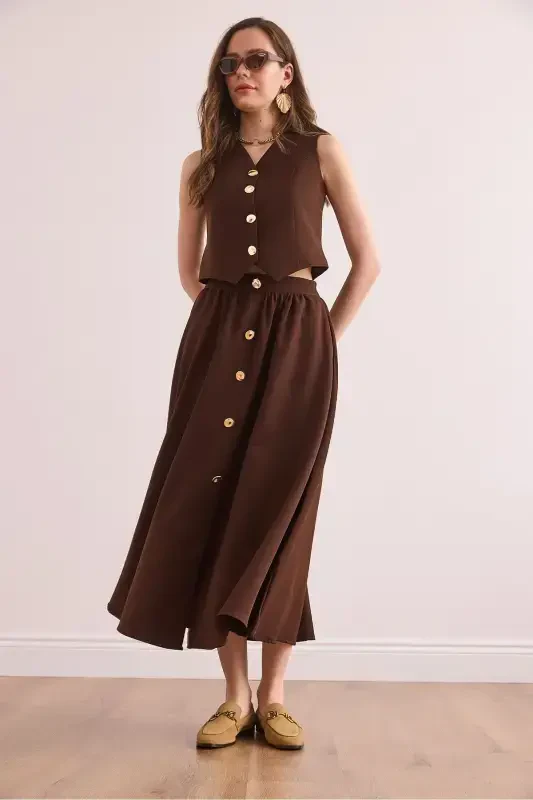 Women's Bitter Coffee Top Lined Vest Bottom Buttoned Flared - 4