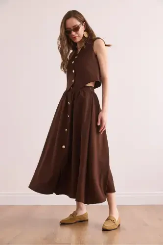 Women's Bitter Coffee Top Lined Vest Bottom Buttoned Flared - 5