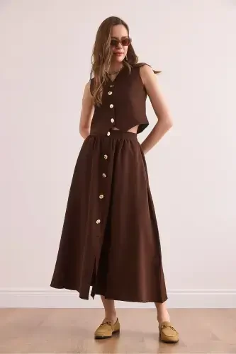 Women's Bitter Coffee Top Lined Vest Bottom Buttoned Flared - 6