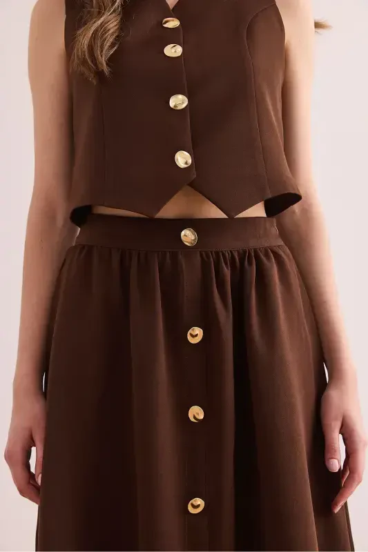 Women's Bitter Coffee Top Lined Vest Bottom Buttoned Flared - 7