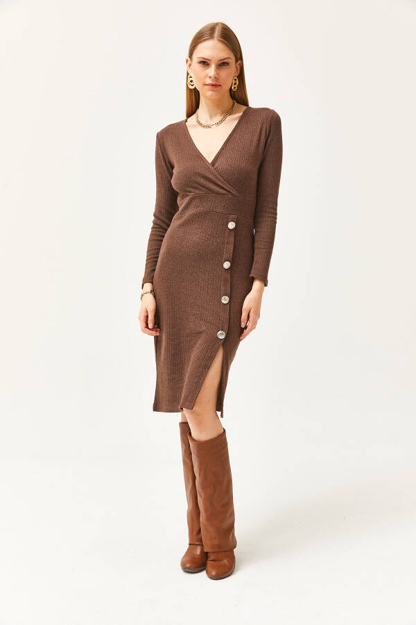 Women's Bitter Coffee V-Neck Slit Button Detailed Chardon Dress ELB-19002052 - 2