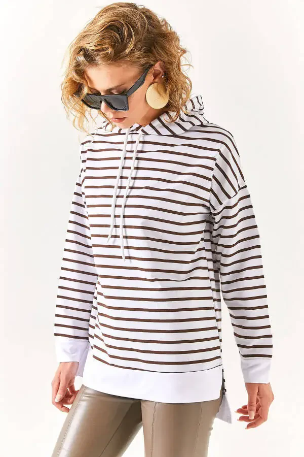 Women's Bitter Coffee White Hooded Striped Side Slit Sweatshirt SWT-19000410 - 1