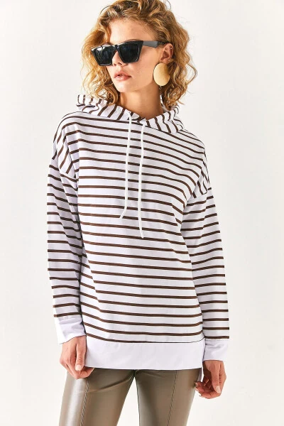 Women's Bitter Coffee White Hooded Striped Side Slit Sweatshirt SWT-19000410 - OLALOOK (1)