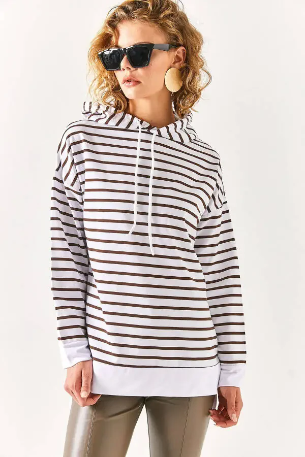 Women's Bitter Coffee White Hooded Striped Side Slit Sweatshirt SWT-19000410 - 2
