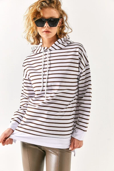 Women's Bitter Coffee White Hooded Striped Side Slit Sweatshirt SWT-19000410 - 3