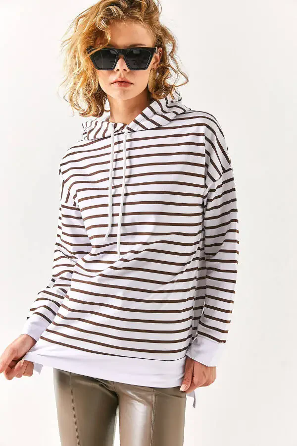 Women's Bitter Coffee White Hooded Striped Side Slit Sweatshirt SWT-19000410 - 3
