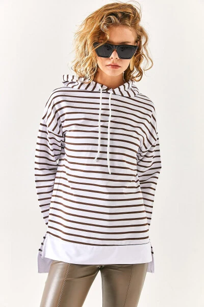 Women's Bitter Coffee White Hooded Striped Side Slit Sweatshirt SWT-19000410 - 4