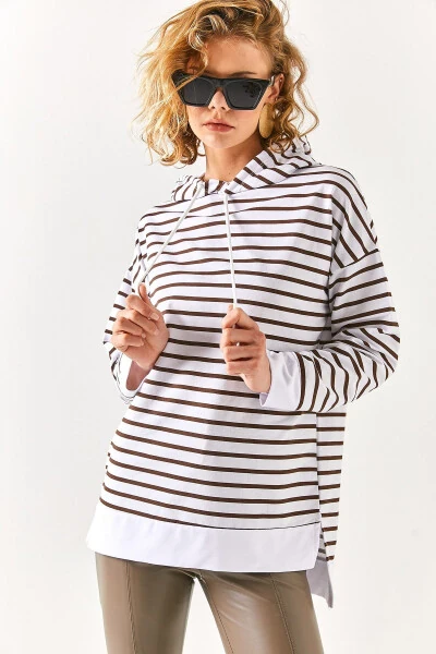 Women's Bitter Coffee White Hooded Striped Side Slit Sweatshirt SWT-19000410 - 5