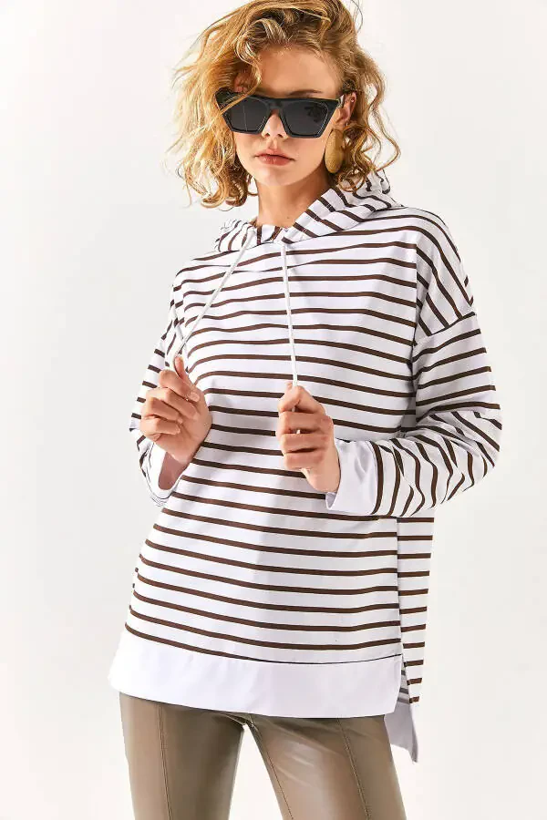 Women's Bitter Coffee White Hooded Striped Side Slit Sweatshirt SWT-19000410 - 5