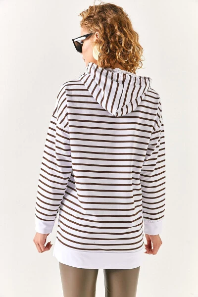 Women's Bitter Coffee White Hooded Striped Side Slit Sweatshirt SWT-19000410 - 6