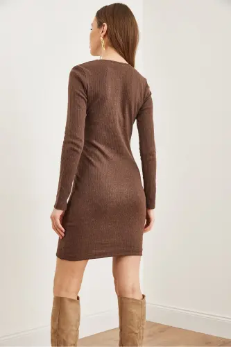 Women's Bitter Coffee Zipper Detailed Ribbed Mini Dress - 7