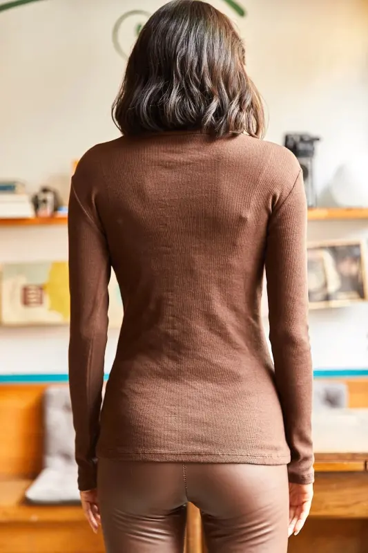 Women's Bitter Coffee Zippered Fisherman Collar Lycra Blouse BLZ-19001155-Bitter Coffee - 2