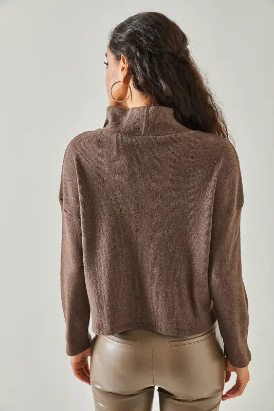Women's Bitter Coffee Zippered High Neck Fleece Sweatshirt KZK-19000640-Bitter Coffee - 6