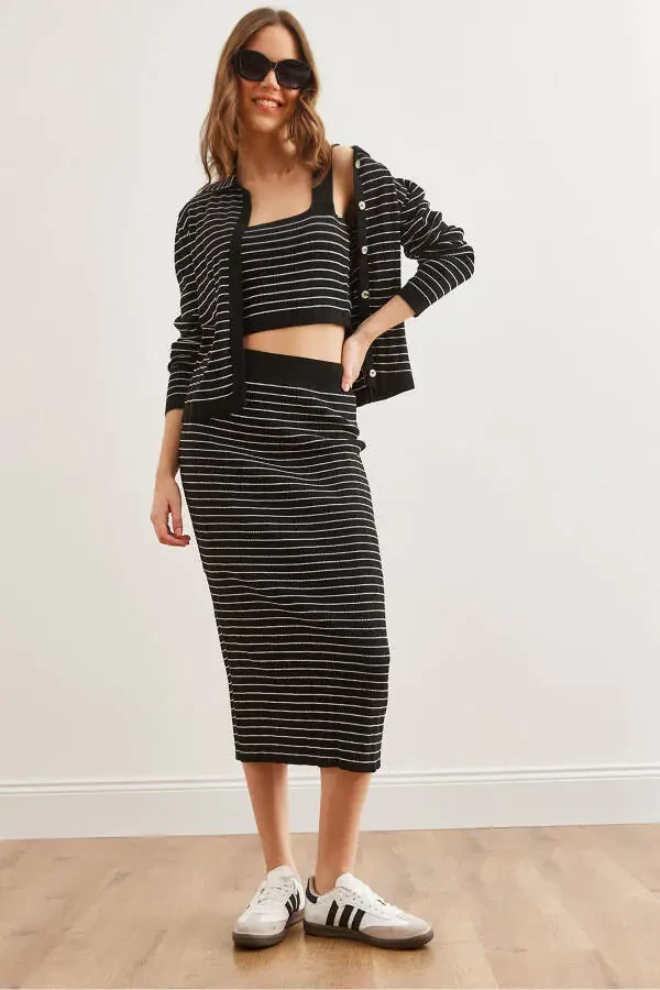 Women's Black 3 Piece Striped Knit Suit - 1