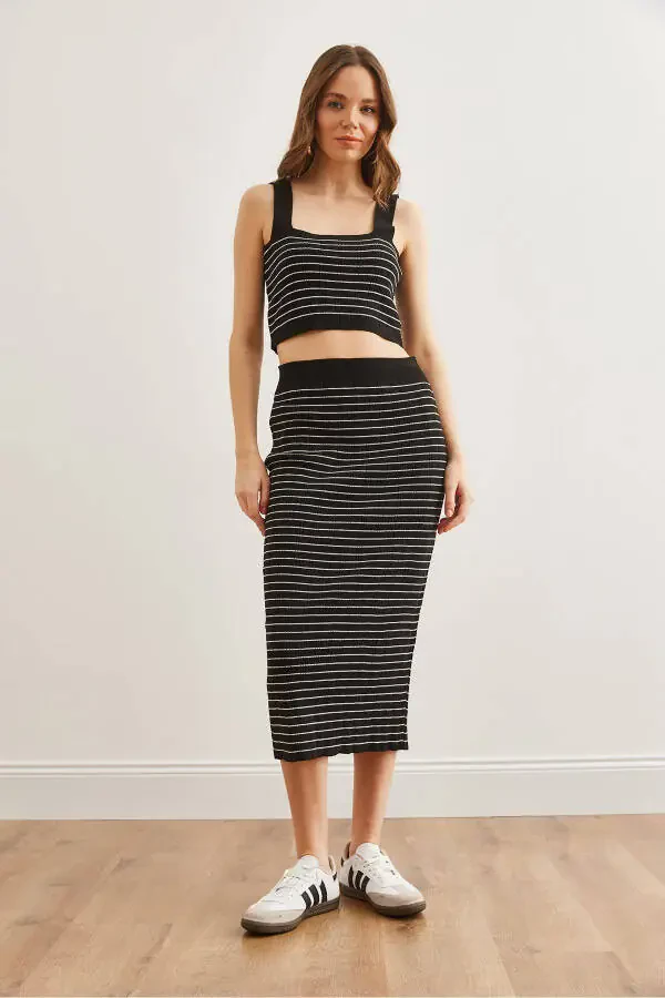 Women's Black 3 Piece Striped Knit Suit - 2