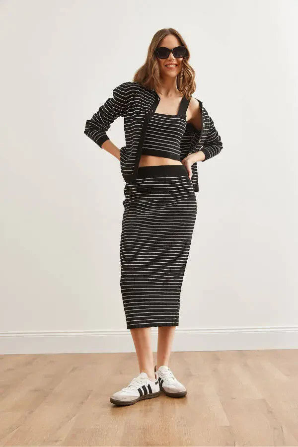 Women's Black 3 Piece Striped Knit Suit - 3