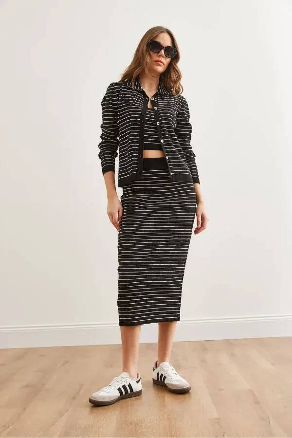 Women's Black 3 Piece Striped Knit Suit - 4