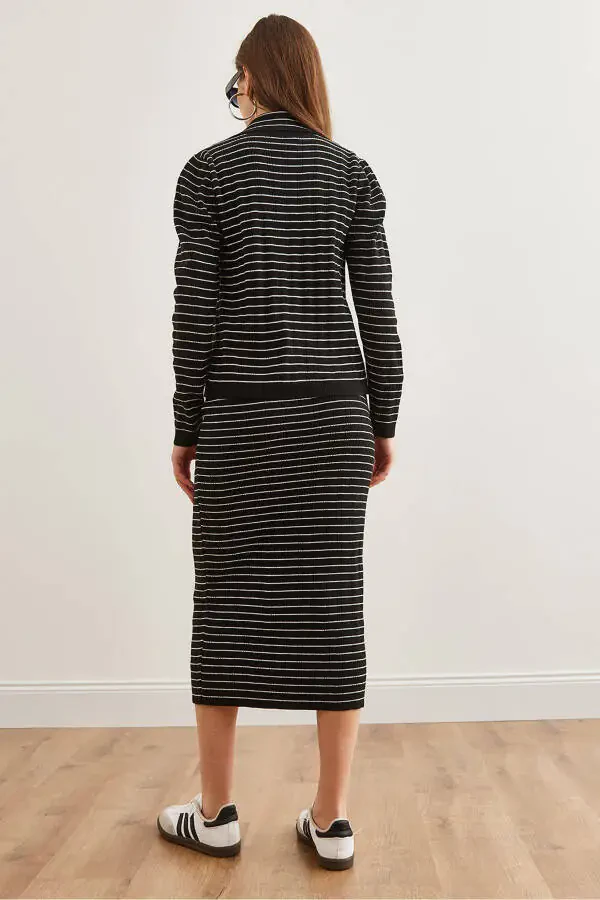 Women's Black 3 Piece Striped Knit Suit - 7