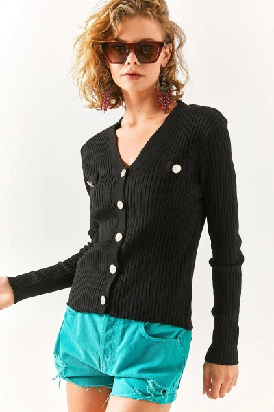 Womens Black Accessory Pocket Detail Buttoned Cardigan HRK-19000235 - OLALOOK