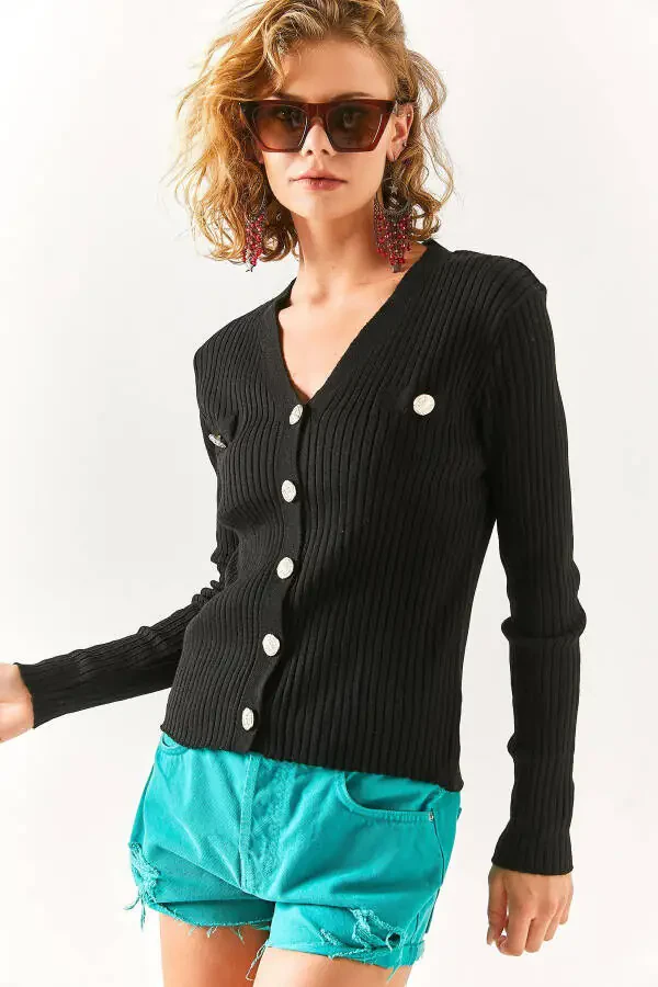 Womens Black Accessory Pocket Detail Buttoned Cardigan HRK-19000235 - 1