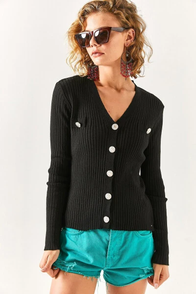 Womens Black Accessory Pocket Detail Buttoned Cardigan HRK-19000235 - OLALOOK (1)