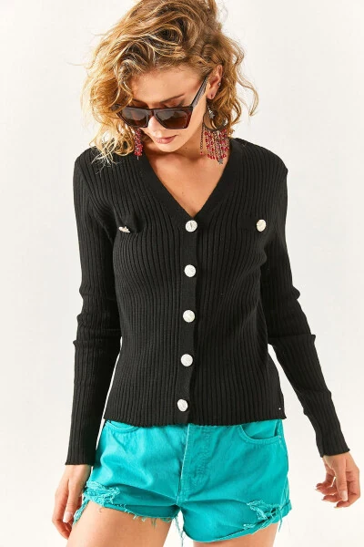 Womens Black Accessory Pocket Detail Buttoned Cardigan HRK-19000235 - 3