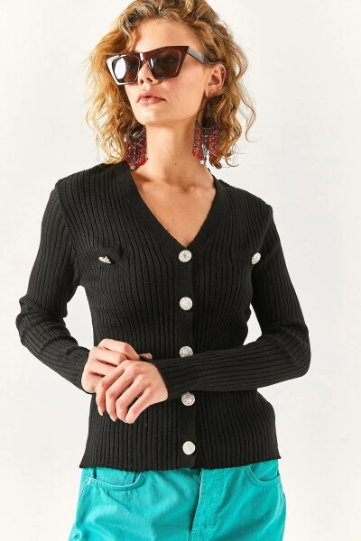 Womens Black Accessory Pocket Detail Buttoned Cardigan HRK-19000235 - 4