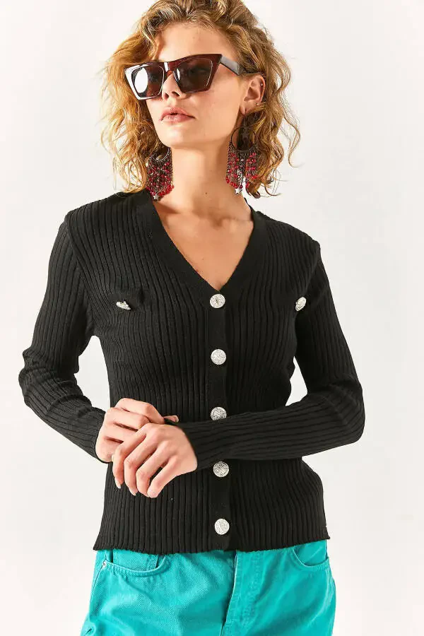 Womens Black Accessory Pocket Detail Buttoned Cardigan HRK-19000235 - 4