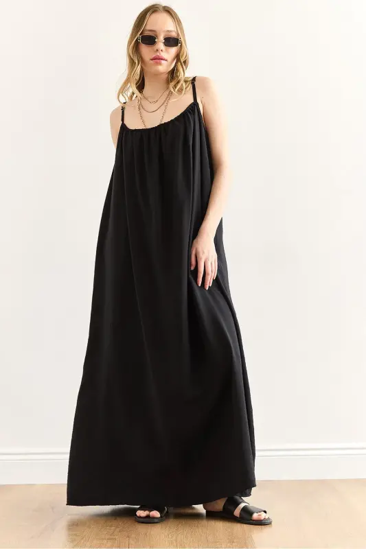 Women's Black Adjustable Strap Lined Baggy Dress - OLALOOK