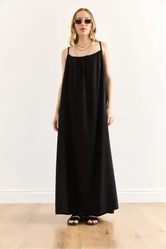 Women's Black Adjustable Strap Lined Baggy Dress - OLALOOK (1)