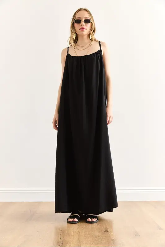 Women's Black Adjustable Strap Lined Baggy Dress - 2