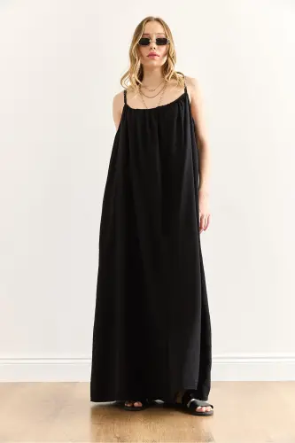 Women's Black Adjustable Strap Lined Baggy Dress - 4