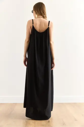 Women's Black Adjustable Strap Lined Baggy Dress - 5