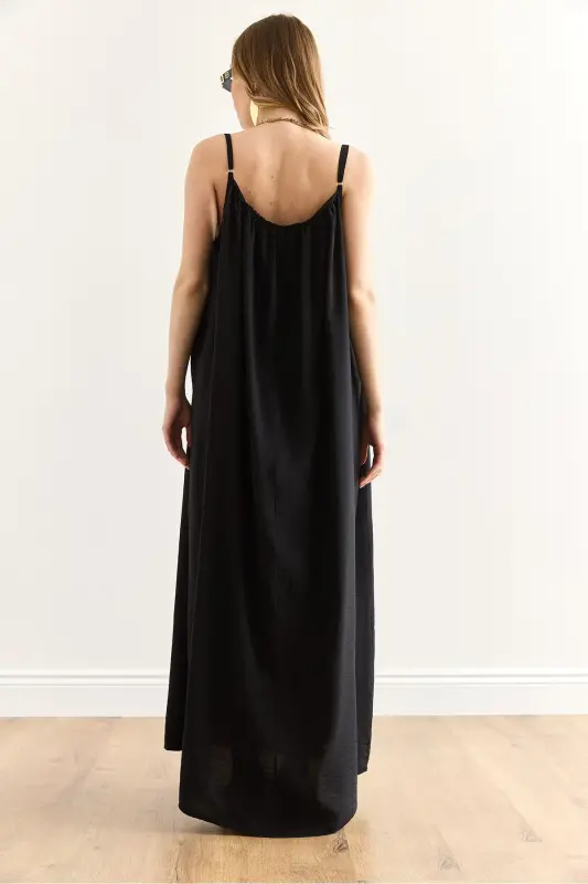 Women's Black Adjustable Strap Lined Baggy Dress - 5