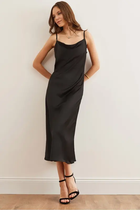 Women's Black Adjustable Strap Midi Satin Dress - OLALOOK