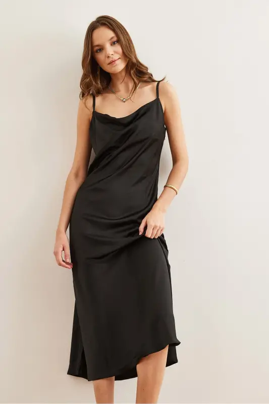 Women's Black Adjustable Strap Midi Satin Dress - 2