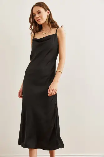 Women's Black Adjustable Strap Midi Satin Dress - 3