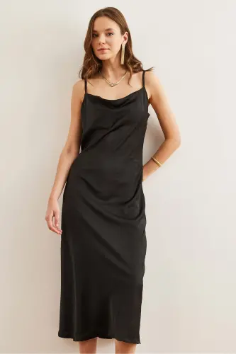Women's Black Adjustable Strap Midi Satin Dress - 4
