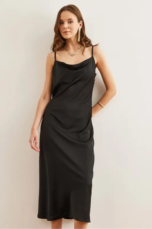 Women's Black Adjustable Strap Midi Satin Dress - 4