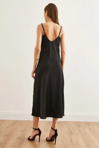 Women's Black Adjustable Strap Midi Satin Dress - 5