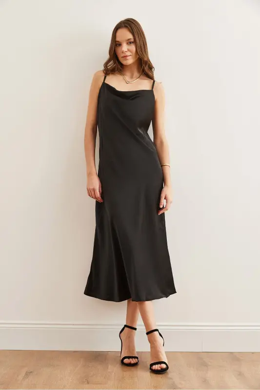 Women's Black Adjustable Strap Midi Satin Dress - 6