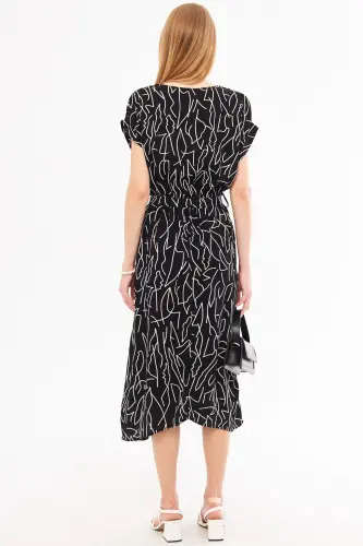 Women's Black and White Elastic Waist Tie Detailed Patterned Dress ARM-22Y001044-Black - 12